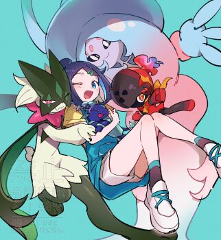 1girl ;d black_hair blue_background blue_eyes blue_hair blue_hoodie charcadet colored_inner_hair gen_8_pokemon hair_ornament hairclip hatterene highres holding holding_pokemon hood hoodie liko_(pokemon) looking_at_viewer mayona_(mayona1poke) meowscarada multicolored_hair nintendo one_eye_closed open_mouth pokemon pokemon_(anime) pokemon_(creature) pokemon_horizons shirt short_hair short_sleeves shorts sleeveless sleeveless_hoodie smile terapagos terapagos_(normal) two-tone_hair white_shorts yellow_shirt