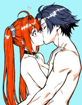 1boy 1girl blue_background breasts choker closed_eyes completely_nude couple eiyuu_densetsu estelle_bright face-to-face hair_intakes hetero highres hug kiss long_hair muscular muscular_male nude orange_hair rean_schwarzer sen_no_kiseki sen_no_kiseki_(series) sen_no_kiseki_iii short_hair sora_no_kiseki sora_no_kiseki_fc sora_no_kiseki_sc surprise_kiss surprised takuu_(seadog6662) twintails