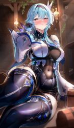 Rule 34 | 1girl, absurdres, bar (place), beer mug, black gloves, black hairband, blue gloves, blue hair, blue necktie, blush, boots, breasts, chest harness, covered navel, cup, drunk, eula (genshin impact), genshin impact, gloves, hair between eyes, hair ornament, hairband, hand on floor, hand up, harness, high-waist shorts, highres, indoors, large breasts, leaning to the side, leotard, light particles, long hair, long sleeves, looking at viewer, medium breasts, medium hair, mug, necktie, nose blush, on floor, otabaaa, purple eyes, shorts, solo, thigh boots, thighhighs, thighs, white sleeves, wide sleeves, wooden cup, yellow eyes