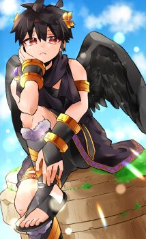 1boy absurdres ahoge armlet black_hair black_sandals black_scarf black_wings blue_sky bracer closed_mouth commentary_request dark_pit day feathered_wings fingerless_gloves frown gloves gold_armlet gold_thighlet hand_on_own_face highres jewelry kid_icarus kid_icarus_uprising ky0_17 laurel_crown male_focus nintendo purple_trim red_eyes sandals scarf single_bare_shoulder sitting sky solo thighlet toes wings