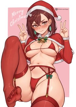 1girl absurdres ayase_momo blush bra breasts brown_eyes brown_hair cameltoe cape capelet closed_mouth commentary crossed_bangs dandadan detached_sleeves double-parted_bangs double_v earrings english_commentary fur-trimmed_cape fur-trimmed_sleeves fur_trim hair_between_eyes hands_up highres jewelry knee_up large_breasts looking_at_viewer merry_christmas navel no_shoes paid_reward_available panties red_bra red_capelet red_garter_belt red_panties red_sleeves red_thighhighs reus_(cetta) santa_costume short_hair simple_background sitting stomach thighhighs underwear underwear_only v