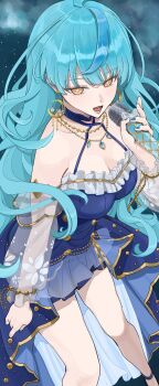 1girl :d ahoge aqua_hair black_corset blue_dress blue_hair blue_nails blue_streaks breasts corset crescent crescent_earrings criss-cross_halter diamond-shaped_pupils diamond_(shape) dress earrings frills from_above gold_necklace gold_trim halter_dress halterneck high-low_dress highres holding holding_microphone jewelry large_breasts long_hair long_sleeves makeup microphone miniskirt multicolored_hair necklace nijisanji obihironn open_mouth pleated_skirt puffy_long_sleeves puffy_sleeves see-through_clothes see-through_sleeves simple_background skirt smile solo star_(sky) starry_sky_background streaked_hair symbol-shaped_pupils tamanoi_nana tamanoi_nana_(3rd_costume) virtual_youtuber yellow_eyes