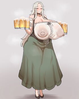 1girl alcohol beer beer_mug black_choker black_corset black_shoes blouse blush breasts choker corinna21210534 corset covered_erect_nipples cross-laced_clothes cross-laced_corset cup drinking_glass earrings gigantic_breasts green_skirt grey_background high_heels holding holding_cup jewelry large_areolae long_hair long_skirt mature_female mug nipples off-shoulder_shirt off_shoulder original pendant_choker plump red_eyes see-through_clothes see-through_shirt shirt shoes skirt smile solo standing waitress white_hair white_shirt