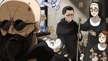 2boys 2girls aged_down bald beard beret bird black_hair blonde_hair blue_jay bucket chicken closed_eyes commentary diva_(hyxpk) dobermann dog duck english_commentary facial_hair father_(diva) feathers glasses hat highres holding holding_bucket little_nuns_(diva) mother_superior_(diva) mouse_(animal) multiple_boys multiple_girls note nun red_hat round_eyewear spicy_nun's_mother_(diva) sunglasses traditional_nun yellow_eyes