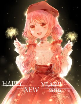 Rule 34 | 1girl, 2019, absurdres, bare shoulders, beret, black background, bow, brown eyes, brown hat, buttons, choker, collarbone, colored eyelashes, commentary request, cowboy shot, dot nose, english text, fireworks, frilled choker, frills, gem, hair between eyes, hair bow, hair over shoulder, happy, happy new year, hat, high-waist skirt, highres, holding, holding fireworks, lace, lace-trimmed shirt, lace-trimmed sleeves, lace trim, light blush, light particles, lipstick, long hair, long sleeves, looking at viewer, low twintails, magic blessing (shining nikki), makeup, muriel miaoke, new year, nikki (nikki), nikki (series), off-shoulder shirt, off shoulder, open mouth, outline, pentagram, pink hair, pink lips, pleated skirt, print skirt, puffy long sleeves, puffy sleeves, red bow, red gemstone, red skirt, shining nikki, shirt, skirt, sleeves past wrists, smile, snowflake print, snowing, solo, sparkler, standing, star (symbol), star print, tareme, teeth, twintails, upper teeth only, very long hair, wavy hair, white choker, white shirt, yellow outline