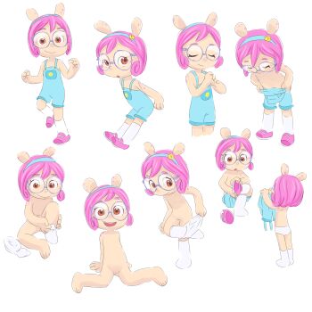 1girl animal_ears arm_support barefoot blue_overalls body_freckles brown_eyes closed_eyes clothes_pull denim denim_overalls dino_aventuras disney flat_chest floral_print freckles glasses hairband highres kika_(dino_aventuras) kneehighs leaning_forward loli looking_at_viewer mary_janes multiple_views nude open_mouth overalls overalls_pull own_hands_together panties panty_pull pink_hair pink_shoes print_overalls pussy removing_shoes removing_sock shoes short_hair sitting smile socks standing standing_on_one_leg teeth topless_female underwear undressing white_background white_panties white_socks yamanokonza