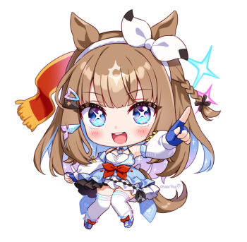 +_+ 1girl almond_eye_(umamusume) animal_ears blue_dress blue_eyes blue_gloves blush bow bow_hairband braid braided_sidelocks breasts brown_hair chibi chibi_only colored_inner_hair dress gloves hair_between_eyes hair_ornament hairband hairclip horse_ears horse_girl horse_tail long_hair looking_at_viewer moorina multicolored_hair open_mouth red_bow simple_background smile solo star_(symbol) symbol-shaped_pupils tail teeth thighhighs umamusume upper_teeth_only white_background white_hairband white_thighhighs x-shaped_pupils