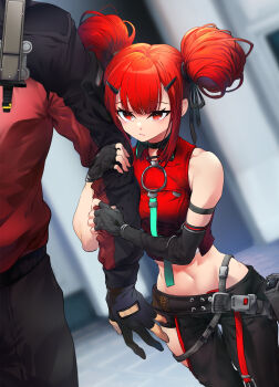 1boy 1girl :/ absurdres arm_hug asymmetrical_gloves bare_shoulders black_gloves black_pants black_ribbon breasts commander_(girls'_frontline) commentary commission cropped_vest cz75_(girls'_frontline) double_bun elbow_gloves english_commentary faye_(girls'_frontline_2) fingerless_gloves girls'_frontline girls'_frontline_2:_exilium gloves hair_between_eyes hair_bun hair_ornament hair_ribbon hairclip hands_up highres hip_focus hug indoors jacket medium_hair navel pants pixiv_commission red_eyes red_hair red_vest ribbon short_hair single_elbow_glove small_breasts thigh_gap vest wangpo