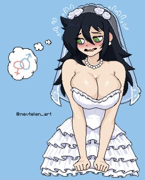1girl bags_under_eyes black_hair blue_background blush breasts breasts_squeezed_together bridal_veil cleavage dress ear_blush earrings flower flying_sweatdrops frilled_dress frills green_eyes hair_between_eyes hair_flower hair_ornament image_in_thought_bubble interlocked_mars_and_venus_symbols jewelry kuroki_tomoko large_breasts long_hair mars_symbol messy_hair necklace nervous nervous_smile nevtelen nose_blush open_mouth pearl_earrings pearl_necklace pervert pixel_art simple_background skindentation smile solo speech_bubble thinking thought_bubble twitter_username veil venus_symbol watashi_ga_motenai_no_wa_dou_kangaetemo_omaera_ga_warui! watermark wedding_dress white_dress white_flower