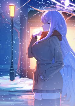 1girl alternate_costume angel_wings black_skirt blue_archive brown_coat coat commentary english_commentary feathered_wings from_side halo highres lantern linear_71 long_hair low_wings mika_(blue_archive) night pink_hair pink_halo pleated_skirt scarf skirt snow snowing solo thigh_gap thighs white_wings wings winter winter_clothes yellow_eyes