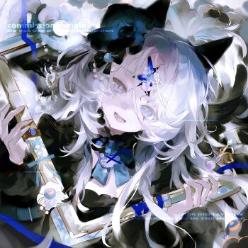 1girl absurdres black_bow blue_bow blue_bowtie blue_butterfly blue_eyes blue_flower blue_ribbon bow bowtie breasts brown_eyes bug butterfly cleavage commission cracked_skin eyeball eyelashes flower gem hair_bow hair_flower hair_ornament head_tilt heterochromia highres holding holding_picture_frame insect liangzhi_mian_gou long_hair long_sleeves looking_at_viewer lower_teeth_only medium_breasts mihuashi_commission one_side_up open_mouth original pearl_(gemstone) picture_frame ribbon sample_watermark sidelocks solo square teeth tongue watermark white_flower white_hair