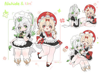 2girls :d :o absurdres alternate_body_size apron arm_at_side bare_legs barefoot black_dress black_shoes blonde_hair blush_stickers bow character_name closed_eyes commentary_request cross-shaped_pupils dress dress_bow frilled_apron frilled_dress frilled_hat frills from_side genshin_impact gloves green_bow green_eyes grey_hair hair_between_eyes hair_bow hand_on_another&#039;s_thigh hand_on_ground hand_on_own_chest hand_up hat heart highres holding_another&#039;s_leg hug klee_(genshin_impact) legs_apart legs_together light_smile long_hair looking_at_viewer looking_to_the_side low_twintails maid maid_apron motion_lines multiple_girls multiple_views nahida_(genshin_impact) open_mouth orange_eyes parted_lips pear-shaped_figure pointy_ears red_bow red_hat red_sash sash shoes short_dress short_sleeves short_twintails simple_background sitting sitting_on_lap sitting_on_person smile standing standing_on_one_leg symbol-shaped_pupils teeth thick_thighs thighs twintails upper_teeth_only white_apron white_background white_gloves zhishuixy