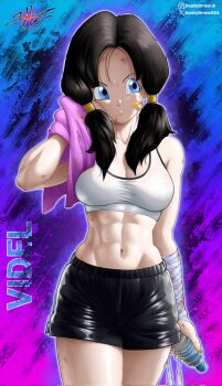 1girl abs arm_wrap artist_name bandaid black_hair black_shorts blue_eyes bottle breasts closed_mouth collarbone dragon_ball dragonball_z highres holding holding_towel long_hair medium_breasts midriff muscular muscular_female navel obliques santydraws01 shorts solo sports_bra sportswear sweat sweaty_clothes towel twintails videl water_bottle wiping wiping_sweat
