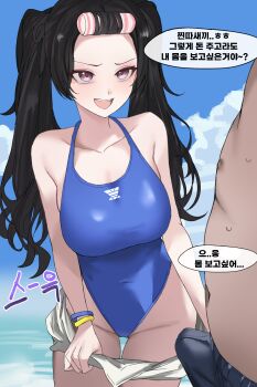 1boy 1girl absurdres black_hair blue_one-piece_swimsuit breasts bulge clothes_pull covered_navel day dokgo_hyeji erection erection_under_clothes hair_rollers highres korean_text large_breasts long_hair lsssssss mole mole_under_eye nipples ocean one-piece_swimsuit open_mouth outdoors shorts shorts_pull smile swimsuit twintails v-shaped_eyebrows virtual_youtuber waktaverse white_shorts wristband