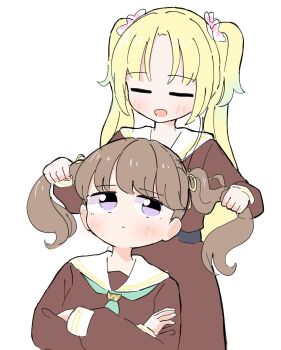 2girls :d aqua_neckerchief blonde_hair blush brown_dress closed_eyes closed_mouth commentary crossed_arms dress expressionless fujishima_megumi hair_ribbon hasu_no_sora_school_uniform highres holding_another&#039;s_hair link!_like!_love_live! long_sleeves love_live! multiple_girls neckerchief official_alternate_hairstyle on_your_mark_(love_live!) open_mouth osawa_rurino parted_bangs purple_eyes ribbon sailor_collar sailor_dress school_uniform simple_background smile symbol-only_commentary tazaki_masanobu twintails virtual_youtuber white_background white_sailor_collar winter_uniform yellow_ribbon