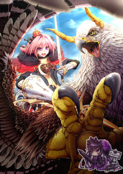 Rule 34 | 1boy, :d, absurdres, artist logo, artist name, astolfo (fate), astolfo (rider) (fate), astolfo (rider) (third ascension) (fate), black bow, black shirt, blue sky, blush, bow, braid, buckle, cape, chain, cloak, cloud, cloudy sky, commentary request, crown, day, elysion (1624528315), emblem, eyelashes, fang, fantasy, fate/apocrypha, fate (series), flying, from below, fur-trimmed cape, fur-trimmed cloak, fur collar, fur trim, gauntlets, gold chain, gold trim, gorget, griffin, hair between eyes, hair bow, hair intakes, hands up, highres, hippogriff (fate), holding, holding polearm, holding sword, holding weapon, horn (instrument), la black luna, lance, logo, long hair, long sleeves, looking at viewer, male focus, mini crown, motion blur, multicolored hair, open mouth, outdoors, pink hair, pixiv fate/grand order contest 2, polearm, purple eyes, red cape, red cloak, revision, riding, shirt, single braid, sky, smile, streaked hair, sunlight, sword, trap, trap of argalia, two-tone hair, v-shaped eyebrows, weapon, white hair