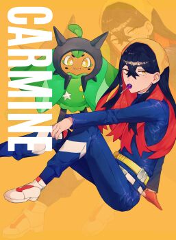 1girl blueberry_academy_school_uniform candy carmine_(pokemon) character_name colored_inner_hair food gloves hair_between_eyes highres holding holding_poke_ball lollipop lollipop_in_mouth looking_at_viewer mole mole_under_eye multicolored_hair nintendo ogerpon poke_ball poke_ball_(basic) pokemon pokemon_(creature) pokemon_sv red_hair school_uniform single_glove sioma709iie sitting two-tone_hair yellow_background yellow_eyes zoom_layer