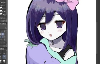 1girl :o aqua_shirt art_program_in_frame aubrey_(headspace)_(omori) aubrey_(omori) bow bra_strap clip_studio_paint collarbone colored_skin commentary double-parted_bangs eyebrows_hidden_by_hair faux_retro_artstyle from_above hair_between_eyes hair_bow holding holding_stuffed_toy long_hair looking_at_viewer mr._plantegg_(omori) omori open_mouth pink_bow portrait purple_eyes purple_hair screencap shirt sidelocks simple_background single_bare_shoulder single_off_shoulder solo straight_hair stuffed_eggplant stuffed_toy symbol-only_commentary true_erg tsurime white_background white_skin