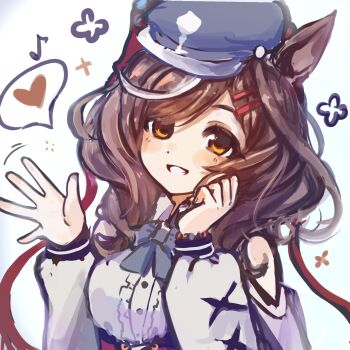 1girl animal_ears blue_hat blush brown_eyes brown_hair clothing_cutout commentary hat heart highres horse_ears horse_girl kk_(pixiv_83235599) looking_at_viewer matikanetannhauser_(panpaka_tiltott)_(umamusume) matikanetannhauser_(umamusume) medium_hair multicolored_hair newsboy_cap red_ribbon ribbon shirt shoulder_cutout simple_background smile solo spoken_heart streaked_hair umamusume upper_body white_background white_hair white_shirt white_streaks