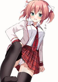 1girl absurdres arm_at_side between_breasts black_thighhighs blush breasts collared_shirt commentary cowboy_shot daitoshokan_no_hitsujikai disgust dutch_angle fang foreshortening from_below frown green_eyes hair_between_eyes hand_on_own_hip highres jacket knee_up kodachi_nagi looking_at_viewer looking_down medium_breasts medium_hair miniskirt necktie necktie_between_breasts open_clothes open_jacket open_mouth panties pink_hair plaid_clothes plaid_skirt red_necktie red_skirt school_uniform shirt simple_background skin_fang skirt solo sweatdrop takepoison thighhighs translated twintails underwear v-shaped_eyebrows white_background white_jacket white_panties white_shirt zettai_ryouiki