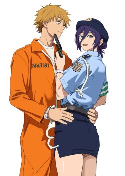 1boy 1girl blonde_hair blue_shirt blue_skirt chainsaw_man denji_(chainsaw_man) green_eyes gun hair_between_eyes hat highres holding holding_gun holding_weapon looking_at_another police police_uniform purple_hair reze_(chainsaw_man) robe shiren_(ourboy83) shirt short_hair skirt weapon white_background