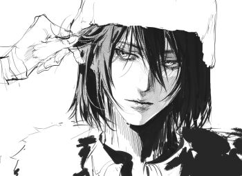 2boys bungou_stray_dogs closed_mouth commentary eyelashes fur_hat fur_trim fyodor_dostoyevsky_(bungou_stray_dogs) greyscale hair_between_eyes hat male_focus monochrome multiple_boys nikolai_gogol_(bungou_stray_dogs) out_of_frame short_hair simple_background solo_focus ushanka white_background xnmf10