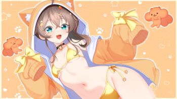 1girl :3 :d ahoge alternate_costume animal_hood aqua_eyes bell bikini black_collar breasts brown_hair cat_hood collar commentary crossed_bangs double-parted_bangs fang felixkohai hair_between_eyes highres hololive hood hood_up hooded_jacket jacket looking_at_viewer matsurisu medium_hair natsuiro_matsuri navel neck_bell open_mouth orange_jacket side-tie_bikini_bottom side_ponytail sidelocks sleeves_past_fingers sleeves_past_wrists small_breasts smile solo stomach string_bikini swimsuit virtual_youtuber yellow_bikini