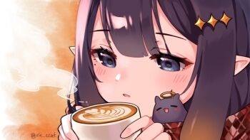 1girl absurdres blue_eyes blush center-flap_bangs coffee_mug commentary cup diamond_hair_ornament double-parted_bangs english_commentary highres holding holding_cup hololive hololive_english latte_art mole mole_under_eye mug ninomae_ina&#039;nis open_mouth pointy_ears portrait purple_hair red_scarf rie_ccat scarf solo takodachi_(ninomae_ina&#039;nis) twitter_username virtual_youtuber