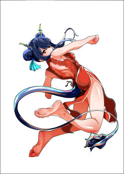 Rule 34 | 1girl, absurdres, arknights, barefoot, blue hair, ch'en (arknights), china dress, chinese clothes, dark blue hair, double bun, dragon tail, dress, feet, hair bun, highres, long hair, looking at viewer, red eyes, soles, tail, toes, yetai shui