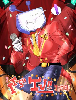 ! 1boy ant_tenna arm_behind_back belt black_belt confetti crt curtains deltarune gloves grey_pants hashtag-only_commentary highres holding holding_microphone male_focus microphone minteutokki1 necktie object_head pants pointy_nose shirt shoes smile solo spoken_exclamation_mark stage stage_curtains stage_lights tailcoat teeth utdr_(toby_fox) white_gloves white_shirt yellow_necktie yellow_shoes