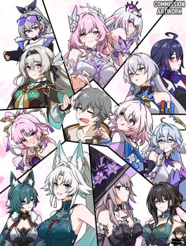 Rule 34 | 1boy, 6+girls, animal ears, bare shoulders, black jacket, blue eyes, blush, breasts, bronya rand, castorice (honkai: star rail), cleavage, collarbone, cyrene (demiurge) (honkai: star rail), cyrene (honkai: star rail), dress, earrings, feixiao (honkai: star rail), firefly (honkai: star rail), flower, fox ears, fu xuan (honkai: star rail), glasses, green hair, grey eyes, grey hair, hair flower, hair ornament, halo, hat, herta (honkai: star rail), highres, honkai: star rail, honkai (series), jacket, jewelry, kulojawa, large breasts, licking lips, long hair, march 7th (honkai: star rail), medium breasts, medium hair, multiple girls, open clothes, open jacket, pink hair, pointy ears, ponytail, purple hair, robin (honkai: star rail), ruan mei (honkai: star rail), seele (honkai: star rail), shirt, silver wolf (honkai: star rail), sleeveless, smile, the herta (honkai: star rail), tongue, tongue out, white dress, white shirt, witch hat, yellow eyes, yukong (honkai: star rail)