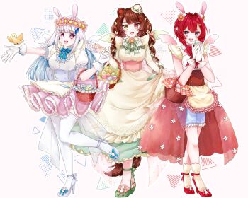 3girls :3 :d absurdres alternate_costume ange_katrina animal_ears ankle_strap apron basket bird blue_bow blue_bowtie blue_hair blue_shorts blush bow bowler_hat bowtie braid breasts brown_corset brown_hair brown_tail buttons colored_inner_hair commentary corset crossed_bangs dated detached_wings dog_ears dog_girl dog_tail double-breasted double-parted_bangs dress easter easter_egg egg fangs flat_chest flower flower_wreath footwear_bow frilled_apron frilled_dress frilled_shirt frilled_shorts frilled_skirt frilled_sleeves frills gloves green_bow green_bowtie green_dress green_nails green_shoes green_wings hair_flower hair_intakes hair_ornament hand_up hands_up hat hat_bow hat_ornament hat_ribbon head_wreath heterochromia high_heels highres holding holding_basket holding_egg inui_toko kemonomimi_mode lace lace-trimmed_gloves lace_trim layered_dress leg_up lips lize_helesta long_dress long_hair long_sleeves looking_at_viewer medium_breasts medium_skirt mini_hat mini_wings miniskirt monocle multicolored_hair multiple_girls nail_polish nijisanji open_mouth outline pink_background pink_bow pink_corset pink_flower pink_skirt pink_wings puffy_short_sleeves puffy_sleeves purple_corset purple_eyes rabbit_ears rabbit_hair_ornament rabbit_hat_ornament red_bow red_bowtie red_eyes red_hair red_shoes red_skirt ribbon sanbaka_(nijisanji) sebastian_piyodore see-through_clothes see-through_skirt see-through_sleeves shirt shoes short_hair short_sleeves shorts showgirl_skirt sidelocks signature skirt skirt_hold sleeveless sleeveless_shirt smile socks standing swept_bangs tail teeth thighhighs triangle_hair_ornament twin_braids two-tone_hair underbust upper_teeth_only very_long_hair virtual_youtuber waist_apron white_gloves white_hair white_outline white_shirt white_shoes white_thighhighs white_wings wings yellow_apron yellow_bird yellow_dress yellow_eyes yellow_hat yellow_socks yuzuca_(trickster4594) zettai_ryouiki