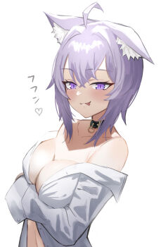 1girl absurdres ahoge animal_ear_fluff arm_under_breasts black_collar blush breasts cleavage closed_mouth collar highres hololive large_breasts looking_at_viewer medium_hair nekomata_okayu nekomata_okayu_(oversized_shirt) official_alternate_costume purple_eyes purple_hair shirt smile solo tongue tongue_out uw_chanmaru virtual_youtuber white_shirt