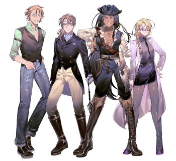 2boys 2girls absurdres arm_strap ascot belt black-framed_eyewear black_boots black_hair black_hat black_jacket black_necktie black_pants black_shoes black_skirt black_vest blonde_hair blue_eyes blue_pants boots braid breasts breasts_apart brown_belt brown_boots brown_hair brown_skirt chest_belt chinese_commentary cleavage closed_mouth coat commentary_request contrapposto dagger dark-skinned_female dark_skin degrees_of_lewdity denim doctor dress_shirt dress_shoes floating_hair freckles full_body glasses gloves green_eyes green_shirt grey_pantyhose grey_shirt grin hair_ornament hand_on_own_hip hands_in_pockets harper_(degrees_of_lewdity) harper_(female)_(degrees_of_lewdity) hat high-waist_pants highres holding holding_whip jacket jeans jewelry knee_boots knife lab_coat large_breasts long_hair looking_at_viewer looking_to_the_side low_ponytail medium_hair miniskirt multiple_boys multiple_girls multiple_scars necklace necktie open_clothes open_collar open_shirt pants pantyhose parted_bangs pink_eyes pirate_costume pirate_hat ponytail purple_shoes remy_(degrees_of_lewdity) remy_(male)_(degrees_of_lewdity) ring sanpaku scar scar_on_chest scar_on_hand semi-rimless_eyewear shirt shoes short_hair side_braid side_braids side_part side_ponytail simple_background single_braid skirt smile standing tsurime under-rim_eyewear very_long_hair vest weapon whip white_ascot white_background white_coat white_gloves white_pants wren_(degrees_of_lewdity) wren_(male)_(degrees_of_lewdity) x_hair_ornament xinjinjumin516084919933 zephyr_(degrees_of_lewdity) zephyr_(female)_(degrees_of_lewdity)