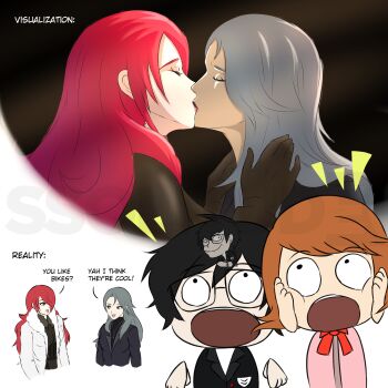 1boy 3girls absurdres amamiya_ren black_bodysuit black_hair bodysuit coat expectation_vs._reality fur_coat glasses grey_hair highres imagining kirijou_mitsuru kiss long_hair megami_tensei multiple_girls niijima_sae one_eye_covered open_mouth persona persona_3 persona_4:_the_ultimate_in_mayonaka_arena persona_5 red_hair ssolitude-sama takeba_yukari talking yuri