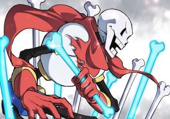 1boy ahin_vpv armor black_eyes bone cloud cloudy_sky fighting_stance gloves highres holding holding_bone male_focus open_mouth papyrus_(undertale) red_gloves red_scarf scarf skeleton sky smile solo teeth undertale upper_body utdr_(toby_fox) white_armor