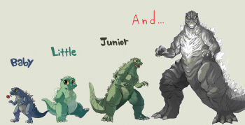 age_difference age_progression baby_godzilla body_markings character_name claws dinosaur eating english_text fangs flower full_body gemstone_creative_label giant giant_monster glowing glowing_markings glowing_spikes godzilla godzilla_(series) godzilla_junior godzilla_vs._destoroyah godzilla_vs._gigan_rex godzilla_vs._mechagodzilla_ii godzilla_vs._spacegodzilla kaiju little_godzilla looking_at_viewer monster multiple_persona no_humans open_mouth rose sharp_teeth shirogumi_(company) simple_background size_difference spikes tail teeth toho tongue tsk03 white_background yellow_eyes