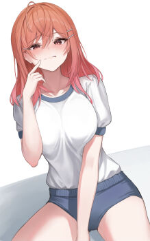 1girl :q absurdres ahoge bare_shoulders blue_buruma breasts buruma closed_mouth gradient_hair gym_uniform hair_ornament hairclip hand_up highres hololive hololive_dev_is ichijou_ririka licking_lips long_hair looking_at_viewer medium_breasts multicolored_hair orange_hair red_eyes shirt shirt_tucked_in short_sleeves smile solo steelball_(jwk76806995) tongue tongue_out uneven_eyes virtual_youtuber white_shirt