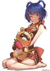 1girl =_= artist_name bare_arms barefoot blue_hair bow bowtie braid chili_pepper china_dress chinese_clothes dress feet full_body genshin_impact guoba_(genshin_impact) hair_ornament hairclip highres hug k3nzoteruta panda seiza short_eyebrows short_hair simple_background sitting sleeveless sleeveless_dress smile toes twin_braids white_background xiangling_(genshin_impact) yellow_eyes
