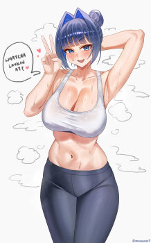 1girl :d absurdres alternate_costume arm_behind_head arm_up armpits black_pants blue_eyes blue_hair breasts cleavage collarbone english_text hair_intakes hand_up highres hololive hololive_english large_breasts looking_at_viewer midriff nannachu7 navel open_mouth ouro_kronii pants simple_background smile solo speech_bubble sports_bra standing stomach sweat tongue v virtual_youtuber white_background white_sports_bra