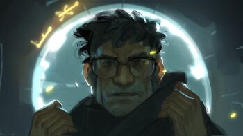 1boy beard_stubble black-framed_eyewear black_cloak black_hair cloak commentary corrupted_twitter_file derivative_work english_commentary extra_digits facial_hair ford_pines glasses gravity_falls grey_hair hands_up highres male_focus multicolored_hair parted_lips portal_(object) portrait screenshot_redraw solo straight_hair stubble two-tone_hair v-shaped_eyebrows wolfythewitch