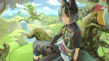 1boy animal_ear_fluff animal_ears bird black_gloves black_hair black_pants blunt_ends bob_cut drawstring flower fox_boy fox_ears genshin_impact gloves green_eyes green_hair highres in_tree multicolored_hair nature pants sitting solo streaked_hair tighnari_(genshin_impact) tomato_79 toucan tree tropical water waterfall yellow_flower