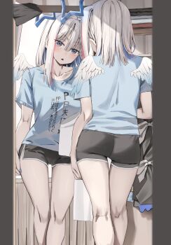 1girl absurdres amane_kanata ass bare_legs black_shorts blue_hair blue_halo blue_shirt breasts colored_inner_hair commentary dolphin_shorts feathered_wings grey_hair halo highres hololive kneepits looking_at_viewer mini_wings mirror multicolored_hair open_mouth pink_eyes pink_hair reflection scarlet_(wv0102) shirt short_sleeves shorts small_breasts solo star_halo streaked_hair symbol-only_commentary t-shirt white_wings wings