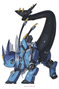 :3 absurdres animal_focus black_sclera blue_eyes colored_sclera commentary english_commentary fang fins full_body gen_1_pokemon head_fins highres looking_at_viewer mecha mechanization nintendo no_humans non-humanoid_robot pokemon pokemon_(creature) robot robot_animal science_fiction skin_fang tail_raised vaporeon white_background xezeno