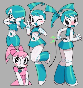 1girl batrobin_k blue_hair blush_stickers breasts choker grey_background highres jenny_wakeman midriff miniskirt multiple_persona my_life_as_a_teenage_robot navel pink_hair ponytail power_cord robot robot_girl simple_background skirt small_breasts twintails v y2k_fashion