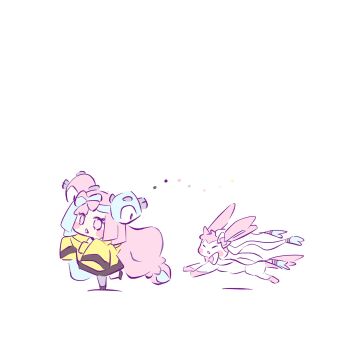 1girl :o blue_hair bow-shaped_hair chibi chibi_only commentary full_body gen_6_pokemon highres iono_(pokemon) jacket long_hair long_sleeves multicolored_hair nintendo pink_hair pokemon pokemon_(creature) pokemon_sv ramuawa sleeves_past_fingers sleeves_past_wrists standing standing_on_one_leg sylveon symbol-only_commentary twintails two-tone_hair very_long_hair white_background wide_sleeves yellow_jacket