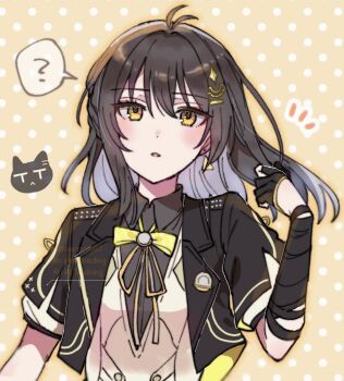 1girl ? alternate_hair_length alternate_hairstyle antenna_hair asymmetrical_sidelocks bandaged_arm bandages black_bandages black_cat black_gloves black_hair black_jacket blush bow bowtie cat collared_shirt commentary_request cropped_jacket earrings expressionless eyeliner female_rover_(perpetual_spark)_(wuthering_waves) female_rover_(wuthering_waves) fingerless_gloves floating_hair gloves grey_shirt hair_flip hair_ornament half_updo hand_up highres jacket jewelry lapel_pin lapels makeup medium_hair neck_ribbon notched_lapels notice_lines open_mouth orange_outline orange_ribbon outline parted_lips polka_dot polka_dot_background portrait red_eyeliner ribbon rover_(wuthering_waves) school_uniform shirt short-sleeved_jacket short_sleeves sidelocks simple_background solo sorimachi-doufu sparkle_hair_ornament spoken_question_mark triangle_earrings v-neck watermark wing_collar wuthering_waves yellow_background yellow_bow yellow_bowtie yellow_eyes