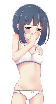 1girl absurdres ao_(flowerclasse) bare_arms bare_shoulders black_hair blue_eyes blush bow bow_panties bra breasts commentary_request covered_navel cowboy_shot groin half-closed_eyes highres medium_breasts minagi_hiyori navel panties sidelocks simple_background slow_loop solo underwear underwear_only white_background white_bra white_panties