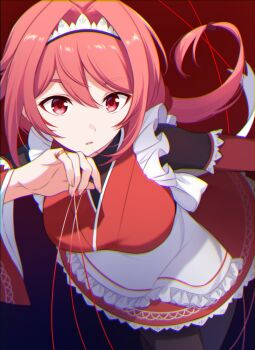 1girl apron black_pantyhose breasts chromatic_aberration frilled_apron frilled_kimono frills gradient_background hair_between_eyes hair_intakes hairband highres japanese_clothes kimono large_breasts long_hair long_sleeves looking_at_viewer low_ponytail maid maid_apron maid_headdress mikami_(nemu_mohu) pantyhose parted_lips ponytail puppet_strings re:zero_kara_hajimeru_isekai_seikatsu red_eyes red_hair red_kimono solo string wa_maid waist_apron white_apron white_hairband wide_sleeves yae_tenzen