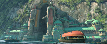 absurdres boat cloak commentary day english_commentary extra_arms fantasy felixriano flock highres hood hooded_cloak landscape light_rays oar ocean original painterly people rowboat scenery statue town tree tunnel water watercraft